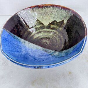Artisan Signed Studio Pottery Bowl Abstract Wheel Thrown Multicolor Drip Glaze B